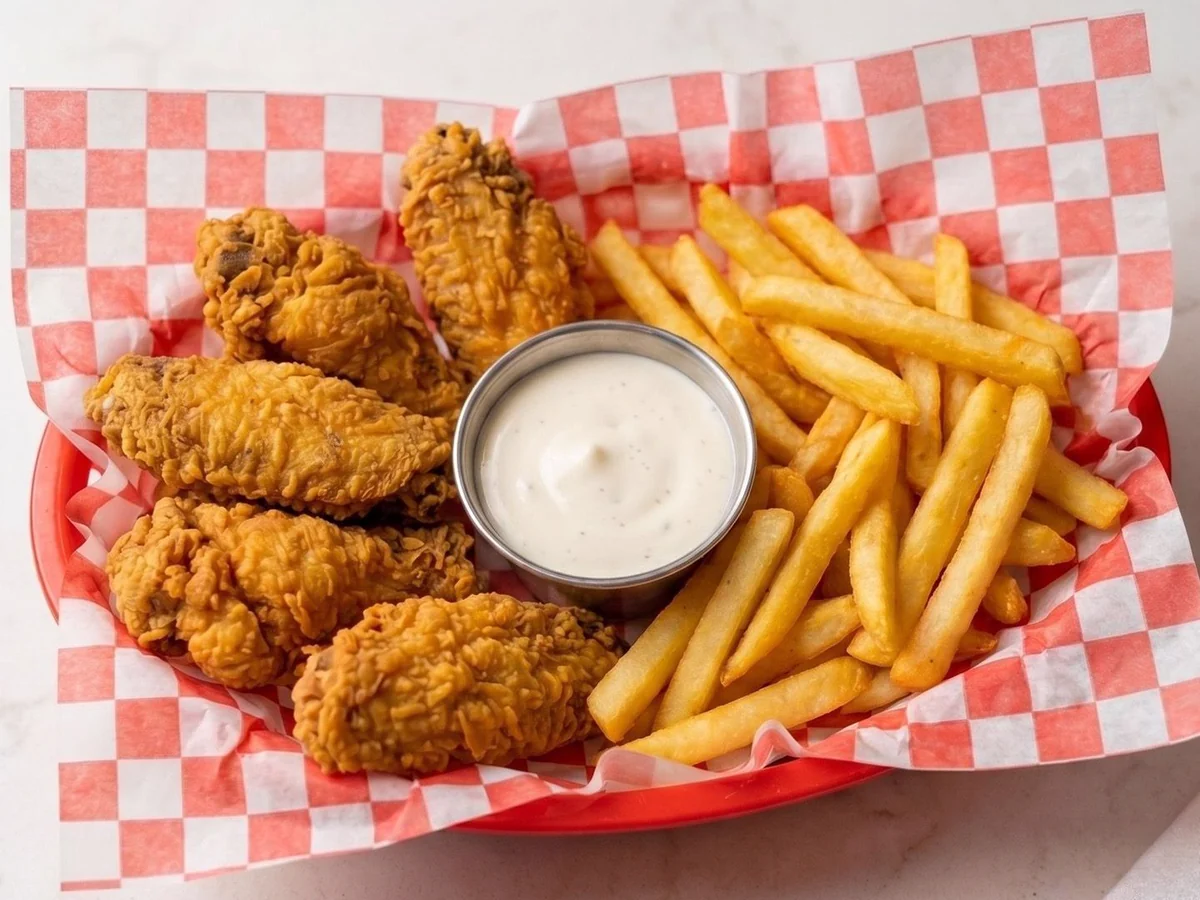 Alitas rebozadas con papas fritas y salsa en un canasto rojo.