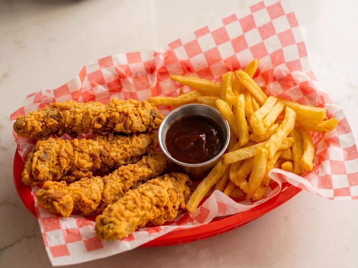 Bastoncitos de pollo frito con papas y un pote de salsa.