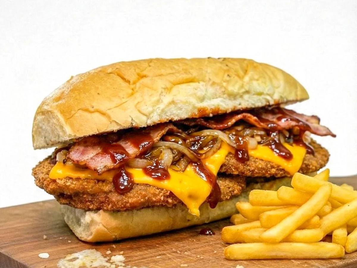 Sándwich La Yankee con cheddar, panceta, cebolla caramelizada y BBQ.
