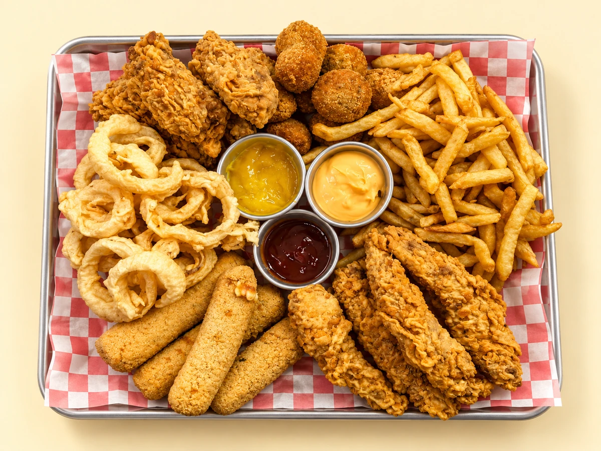 Picada en bandeja de acero con papel damero: pollo, nuggets, aros de cebolla, muzzarella, papas y tres salsas sobre fondo crema.
