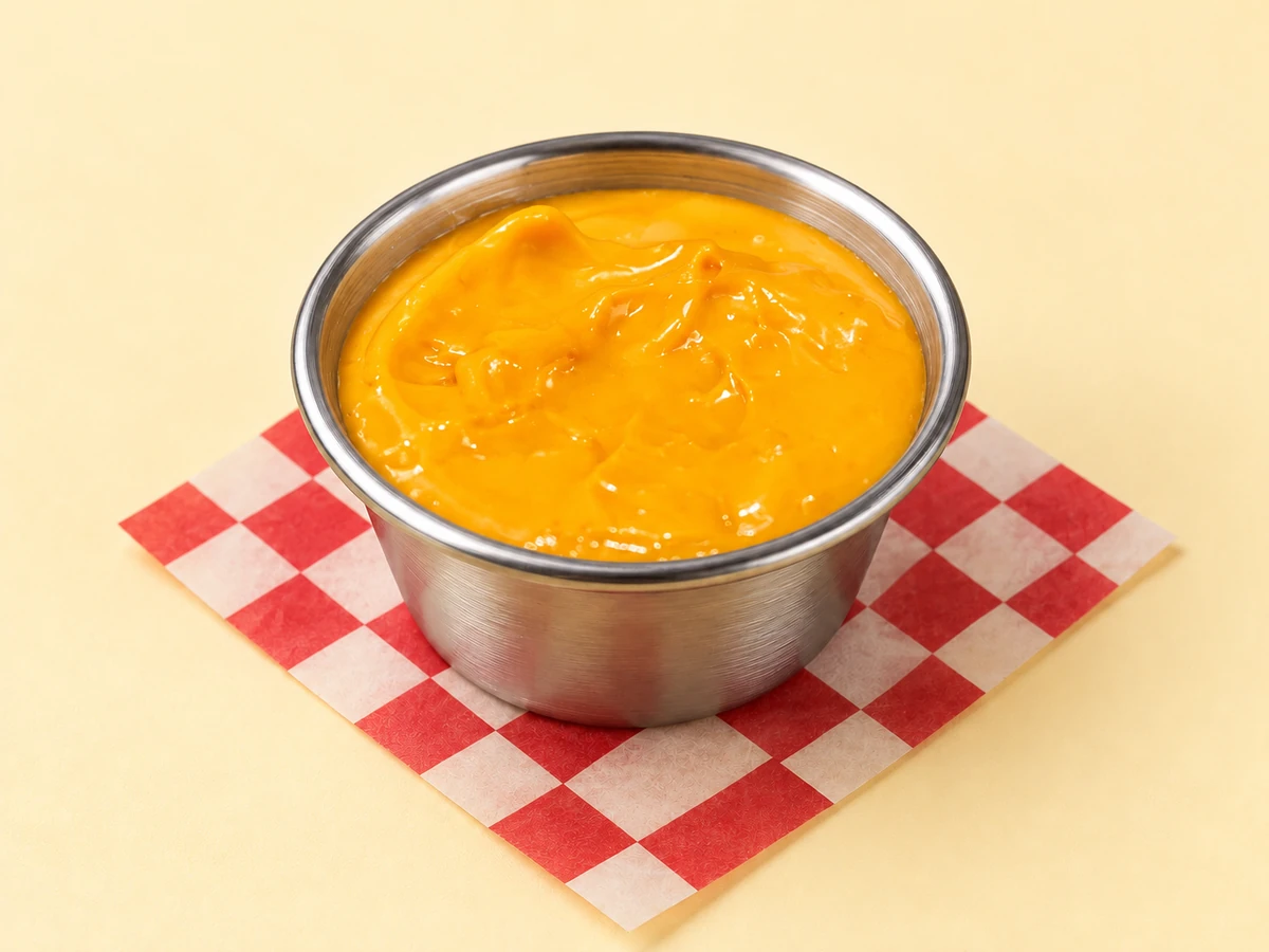 Salsa cheddar de PFC en un potecito de acero inoxidable sobre papel damero y fondo crema.
