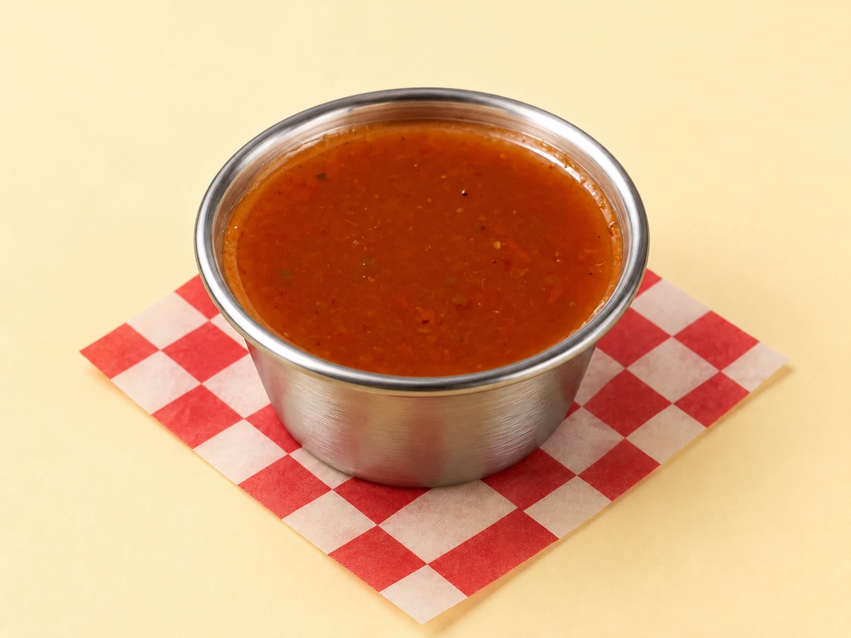 Salsa picante ahumada de PFC en un potecito de acero inoxidable sobre papel damero y fondo crema.